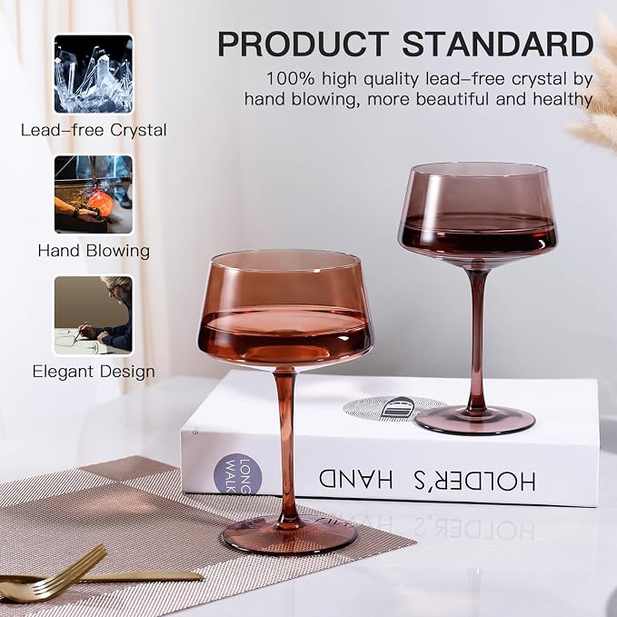 JOVGANK Amber Coupe Glasses Set of 6, Hand Blown Brown Martini Glasses 13Oz, Champagne & Cocktail Luxury Coupe Glasses, Bar Manhattan Glass, Mother's Day Gift for Espresso Martini Glass
