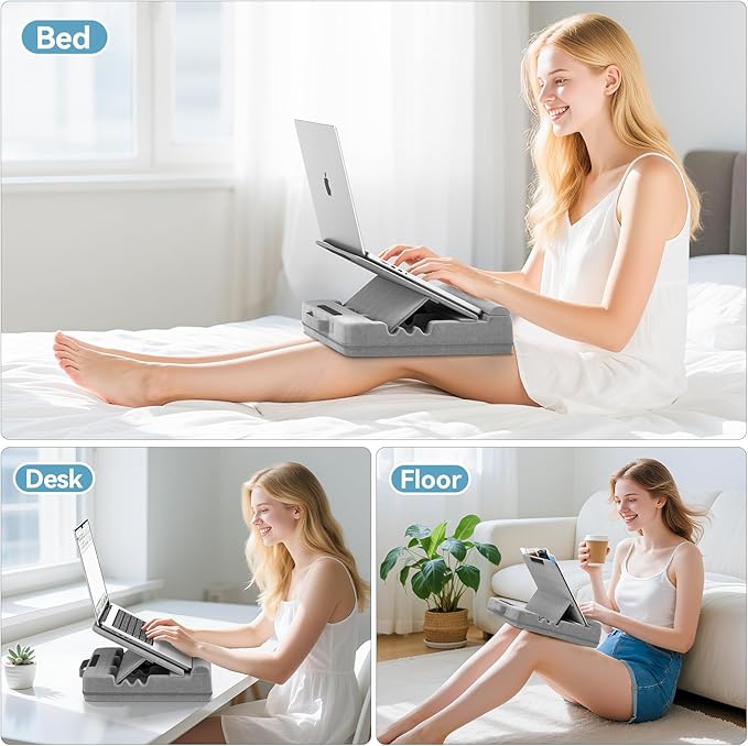 Heyife Laptop Desk for Lap with Cushion, Computer Lap Desk Laptop Pillow for Couch, Bed, Car, Adjustable Computer Pillow Stand As Carrying Case for up to 15'' PC/Mac, Tablet, iPad, Kindle, Gray