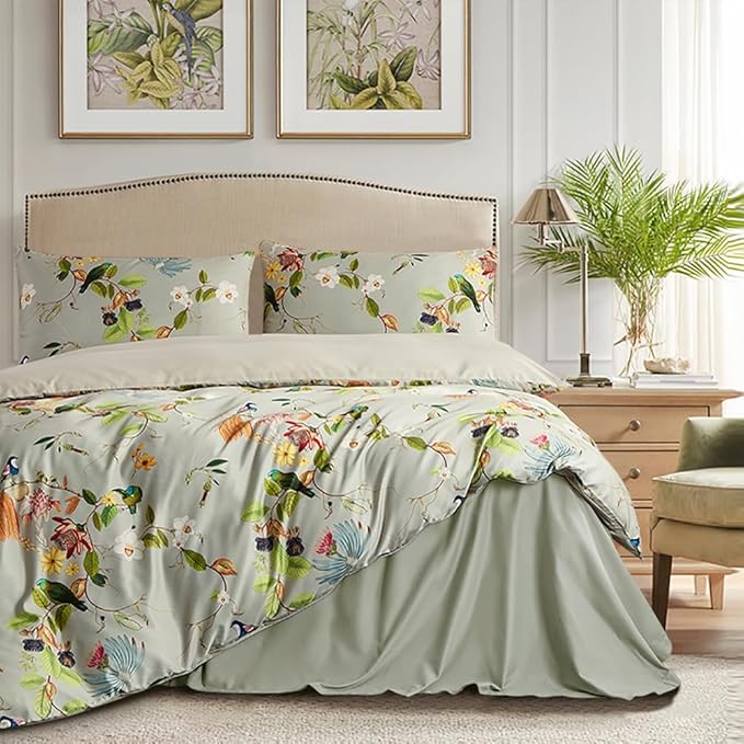 mixinni Garden Style Floral Birds 3 Pieces Duvet Cover King Size Green Leaves Pattern Printed Soft Cotton Comforter Cover with 2 Pillowcases with Zipper Closure for Him and Her-(3pcs, King Size)