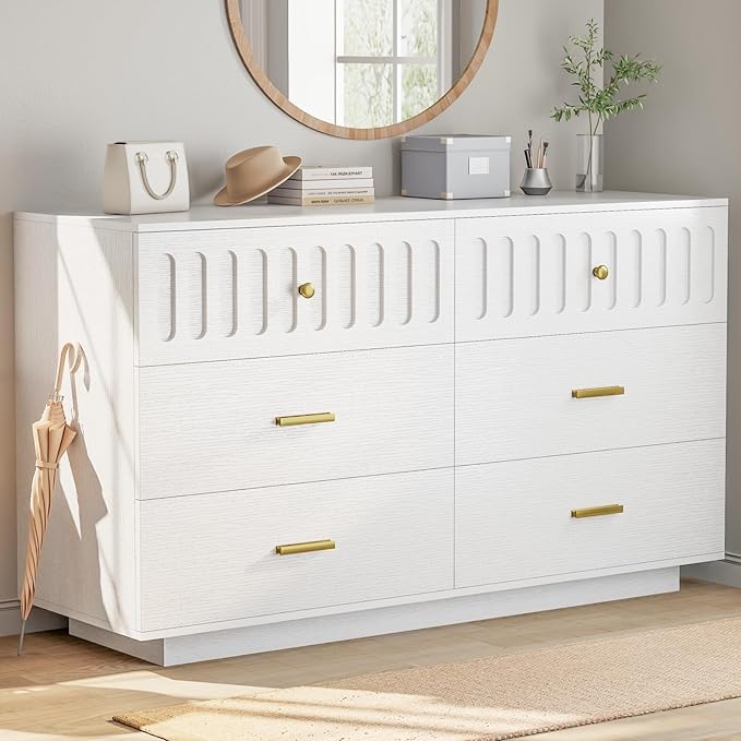 IBF Modern 6 Drawer Dresser for Bedroom, Fluted White and Gold Chest of Drawers for Kid Adult Closet, Large Wood Clothes Storage Dresser with Anti-Tipping Device for Living Room Hallway, White Oak
