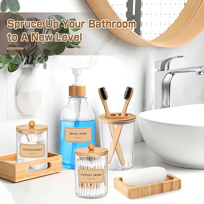 Bamboo Bathroom Accessory Set 5 Pcs, Boho Bathroom Accessories Sets Complete, Clear Bath Soap Dispenser and Toothbrush Holder Set, Soap Dish, Cotton Swab Jar, Boho Organizer