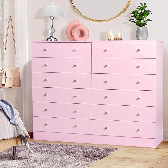Karl home Pink 7 Drawer Dresser for Bedroom, Tall Dresser Chest of Drawers, Wood Pink Bedroom Dressers for Girls, Anti-Tipping Device, Rose Gold Metal Handle, Living Room, Entryway, Hallway, Office