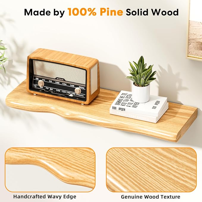 Floating Shelves for Wall 24 Inch Wooden Floating Shelves Live Edge Shelf with Unique Natural Grain Wall Mounted Rustic Pine Wood Shelf for Living Room Bedroom Kitchen Bathroom (Natural)
