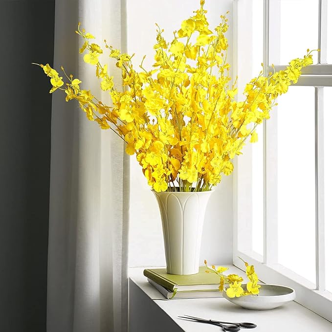 Kisflower 12Pcs Yellow Artificial Orchids Flowers, Dried Silk Orchids, Fake Orchids Flowers Silk Faux Dancing Orchids Bouquet for DIY Indoor Outdoor Wedding Party Home Kitchen Office Decoration