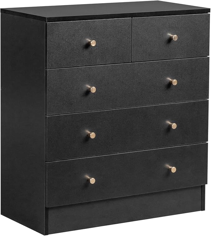 Karl home Black 5 Drawer Dresser for Bedroom, Modern Wood Dresser Chest of Drawers, Bedroom Dressers Clothes Organizer, Anti-Tipping Device, Rose Gold Metal Handle, Living Room, Entryway, Office