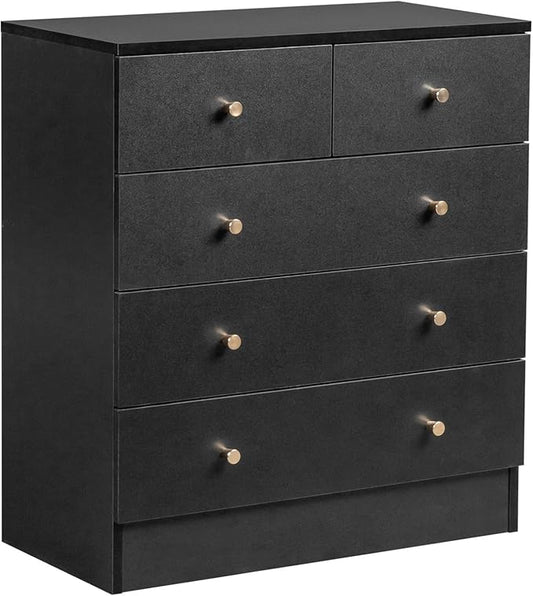 Karl home Black 5 Drawer Dresser for Bedroom, Modern Wood Dresser Chest of Drawers, Bedroom Dressers Clothes Organizer, Anti-Tipping Device, Rose Gold Metal Handle, Living Room, Entryway, Office