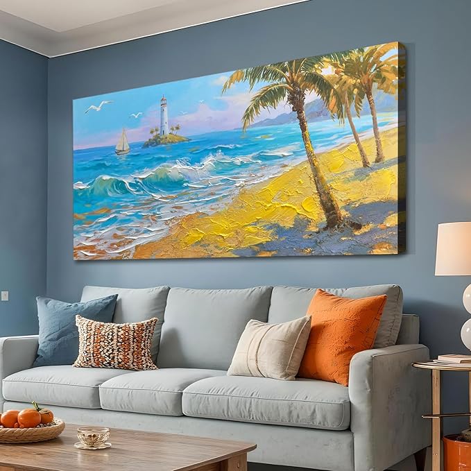 Brushart Beach Canvas Wall Art for Living Room Large, Coastal Bedroom Picture, Painting Wall Decor Ocean Textured Artwork for Walls Home Office 58"x29"