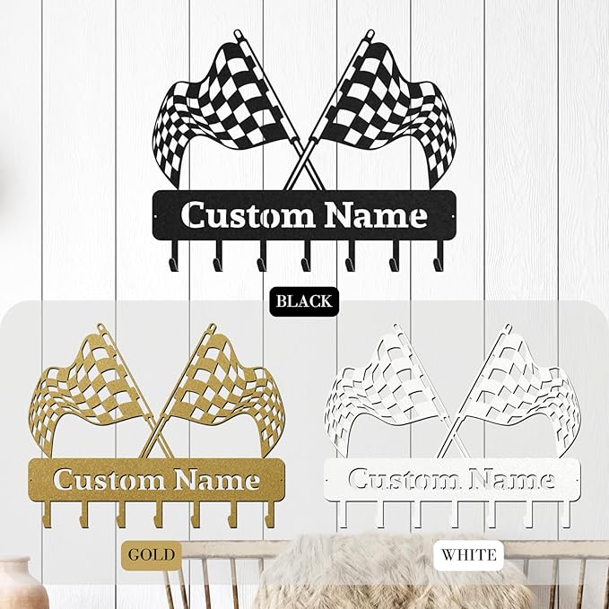 Personalized Racing Flags Key Holder, Custom Metal Checkered Flag Key Hooks with Name, Large Black Metal Wall Hooks Rack, Custom Jacket Organizer for Garage, Hallway, Entryway, Gifts for Men(8in)