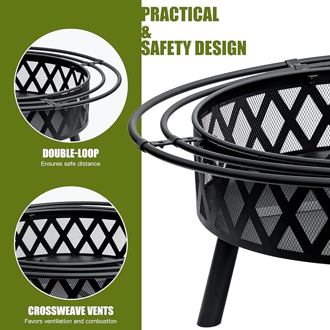 EcoNook 42 Inch Wood Burning Fire Pit with 2 Loops, Outdoor Fire Pit with Spark Screen & Fire Poker, Cross Weave Firepit for Outside Fireplace Bonfire for Yard,Patio, Garden