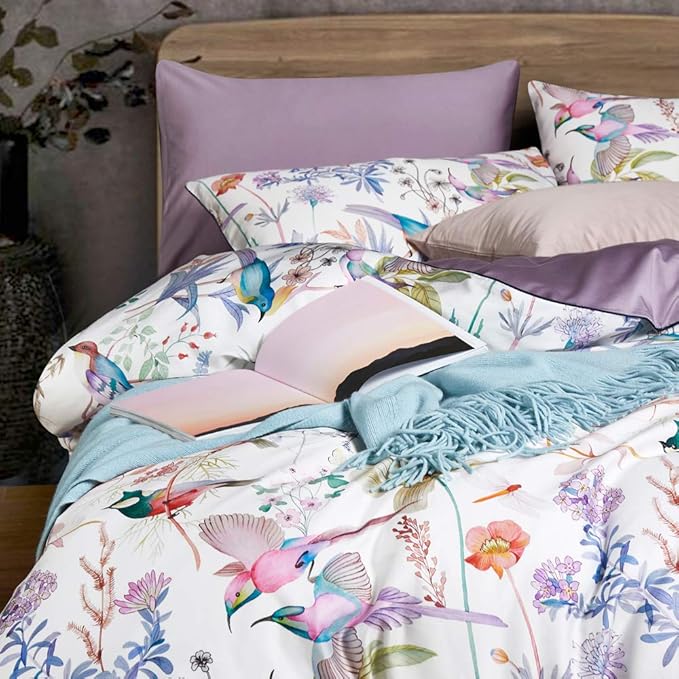 VM VOUGEMARKET Bird Flower Comforter Set Full Vintage Purple Flower Botanical Comforter,Fresh Garden Style Comforter with 2 Pillow Shams for Teen Girls(3pcs,Full)