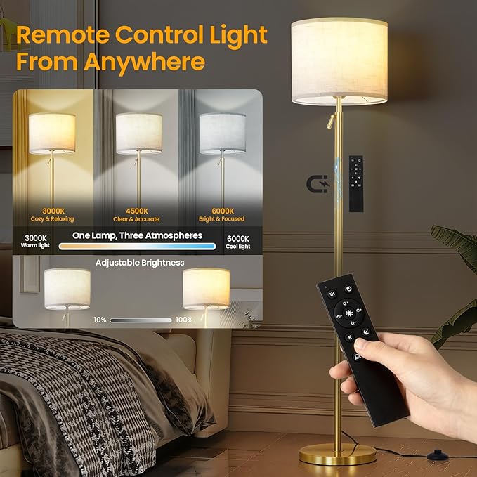Modern Floor Lamp for Living Room and Bedroom- 55"-67" Height Adjustable Standing Lamps with Dimmable LED Bulb and Remote Control-Bright Tall Stand Light with Shade for Corner Lighting （Gold）