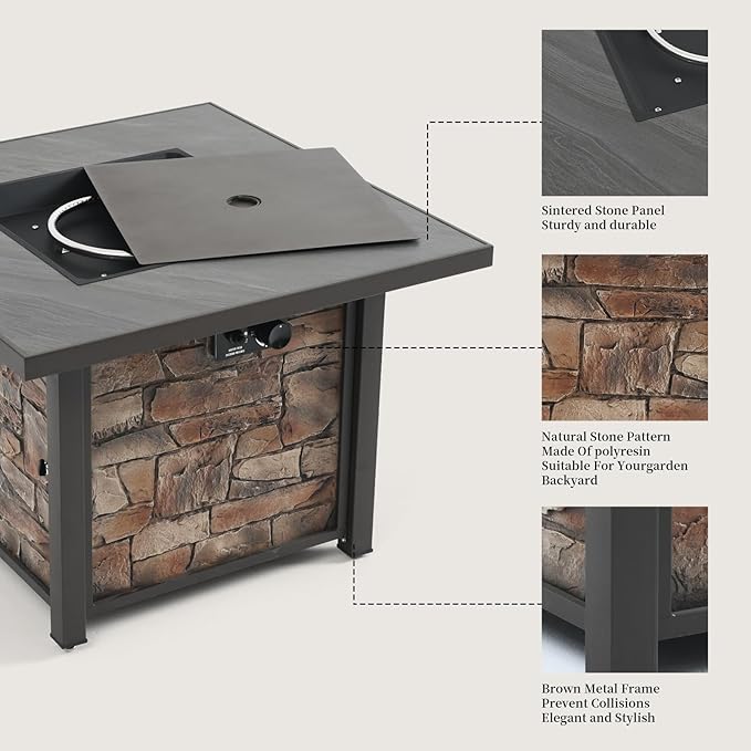 YATEMATE 36'' Propane Gas Fire Pit Table, Sintered Stone Tabletop & Polyresin Stone Look Panel, 50000 BTU Gas Fire Pit for Outside Patio and Garden, with Metal Lid & Lava Rocks