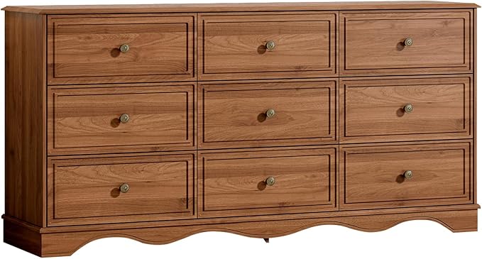 9 Drawer Dresser,63" Wide Mid Century Chest of Drawers,Wooden Bedroom Drawer Dresser with 9 Storage Drawers for Bedroom,Living Room,with Anti-Tipping Device,Umber.