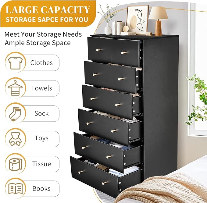 Karl home Black 7 Drawer Dresser for Bedroom, Tall Dresser Chest of Drawers, Rustic Wood Bedroom Dressers Clothes Organizer, Anti-Tipping Device, Rose Gold Metal Handle, Living Room, Entryway, Office
