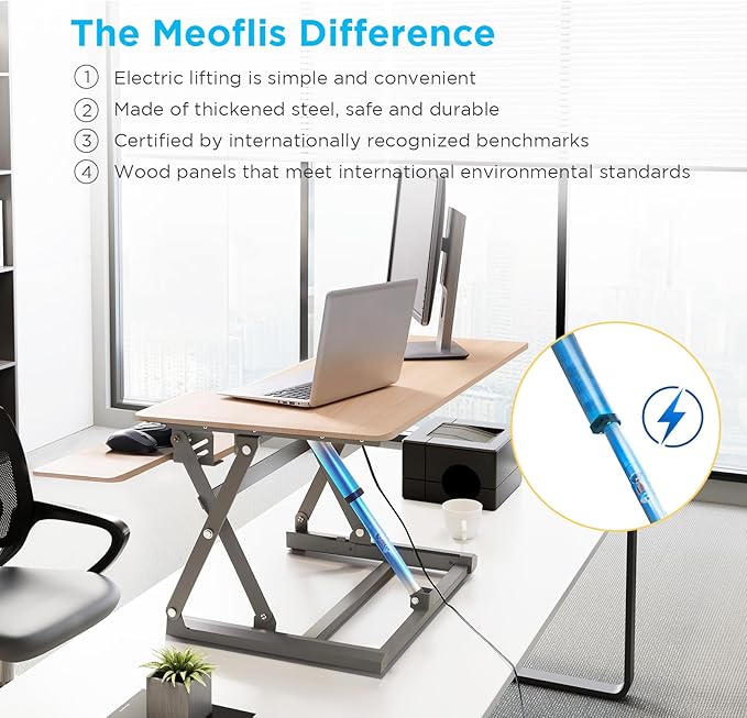 32" Electric Standing Desk Converter, Dyropcurv Series Height Adjustable Computer Desk Ergonomic Home Office Desk for Adults, Sit to Stand Desk with Quiet Motor, Light Wood