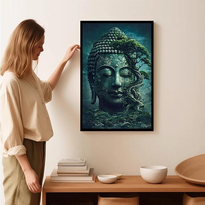 Buddha statue wall art canvas wall decor aesthetic picture mystical nature art for tranquil home and spiritual space 12x18in Metal blackFramed
