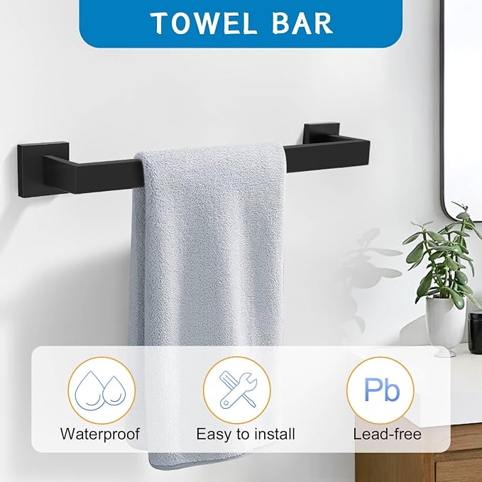 Matte Black 10 Pieces Bathroom Hardware Accessories Set Towel Bar Set Towel Holder Racks Set for Bathroom,SUS304 Stainless Steel,Wall Mounted 16-Inch