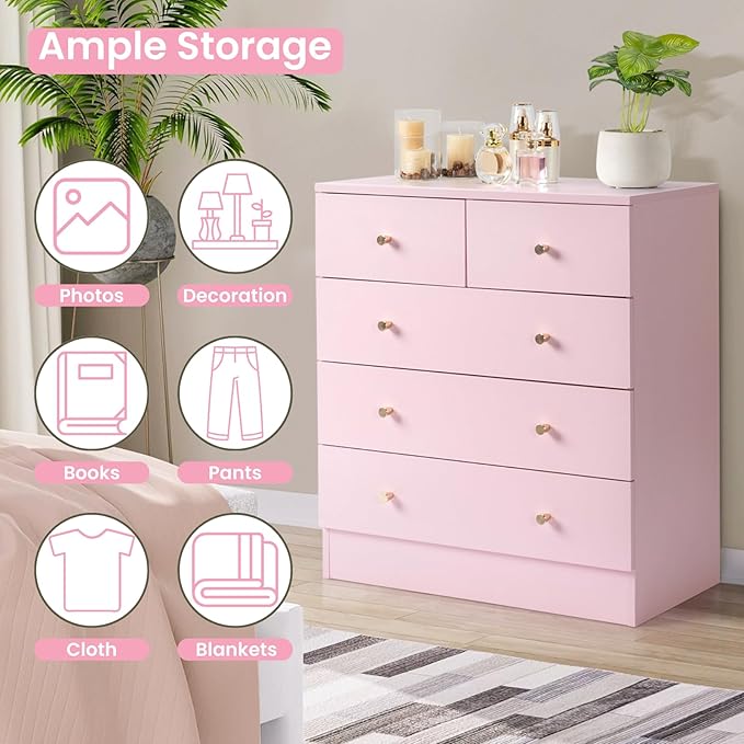 Karl home Pink 5 Drawer Dresser for Bedroom, Modern Wood Dresser Chest of Drawers, Pink Bedroom Dressers for Girls, Anti-Tipping Device, Rose Gold Metal Handle, Living Room, Entryway, Hallway, Office
