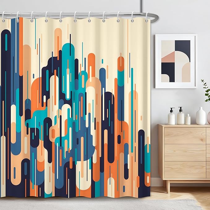 Mid Century Modern Shower Curtain, Retro Abstract Geometric Colorful Art Shower Curtains for Bathroom with Hooks, Waterproof Polyester Fabric Shower Curtain Set, Weighted Hem, 72x72 Inches