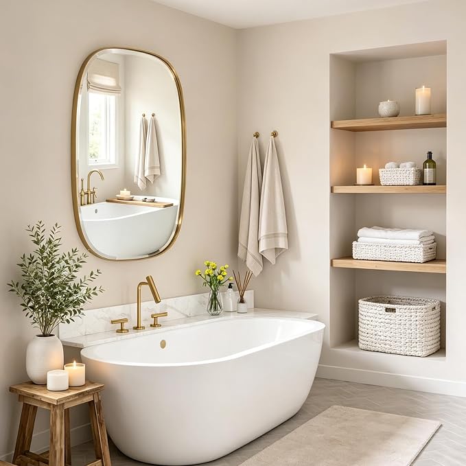 POZINO Beveled Bathroom Mirror, 40"x24" Oblong Vanity Mirrors with Stainless Steel Frame, Brushed Gold Rectangle Wall Mirror for Entryway Bedroom Hallway Living Room, Hangs Vertically or Horizontally