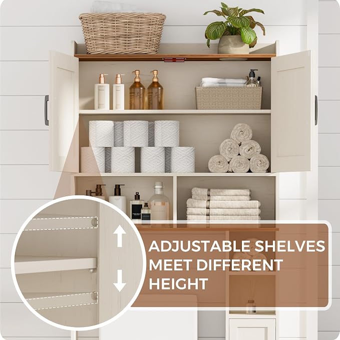 Homhedy Over The Toilet Storage Cabinet with 2 Barn Door and Toilet Paper Holder Stand, FreeStanding Toilet Shelf Space Saver, for Bathroom, Restroom, Laundry, Rustic White and Brown