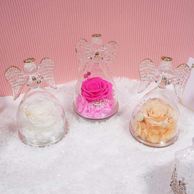 Yamonic Birthday Gifts for Women, Angel Figurines with Real Rose Gifts for Her Mom Grandma,Preserved Flowers Rose Angel Figurines for Mothers Day Christmas Anniversary Birthday Gifts for Her (White)