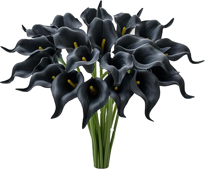 Mandy's PU Black Calla Lily Artificial Flowers 20 Stems 13.5in Faux Realistic Centerpiece for Thanksgiving and Christmas Decorations DIY Bridal Bouquet Home Décor