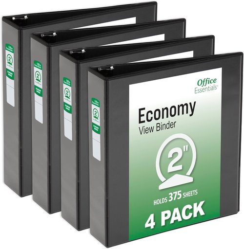 Office Essentials 3-Ring Binders - 2" Round Rings, 375-Sheet Capacity, Black | 4-Pack