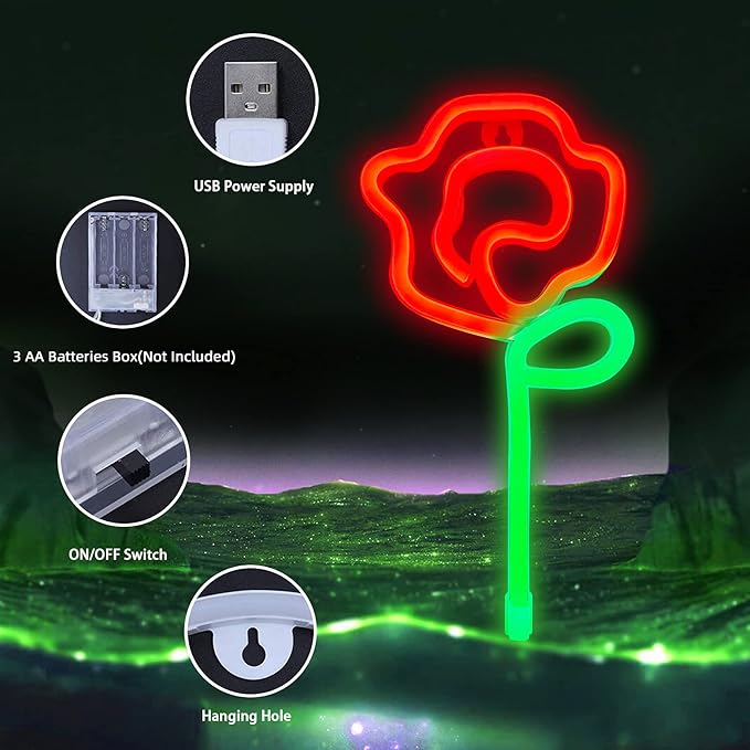 ENUOLI Rose Neon LED Signs Red Rose Flower with Green Stem Art Wall Sign for Cool Light,USB/Battery Operated Night Neon Light Flower Decor for Party,Bedroom,Bar,Wedding,Gift (Red)