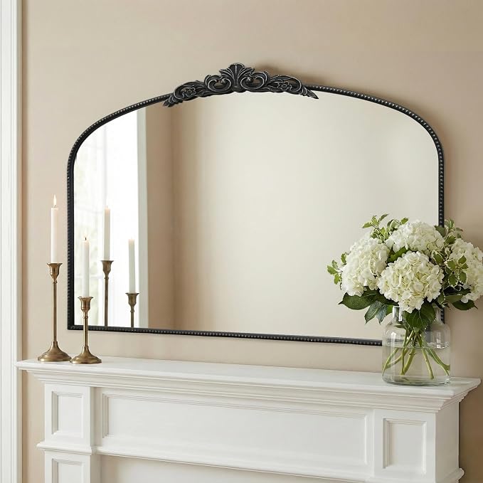 Micasso Large Vintage Black Mirror: 48"x33" French Baroque Antique Arched Mirror - Traditional Ornate Decorative for Wall/Fireplace/Mantel/Entryway/Bathroom/Hallway - Home Decor for Living Room
