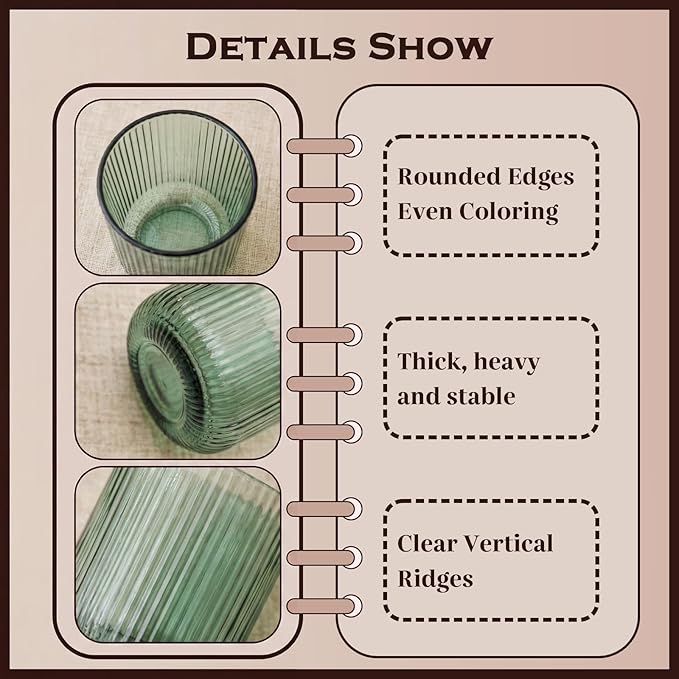 Green Ribbed Highball Glasses Set of 6, 8.5oz Sage Green Vintage Glassware, Drinking Glasses for Water, Juice, Coffee, Cocktails, Green Glass Cups, Housewarming & Christmas Gift