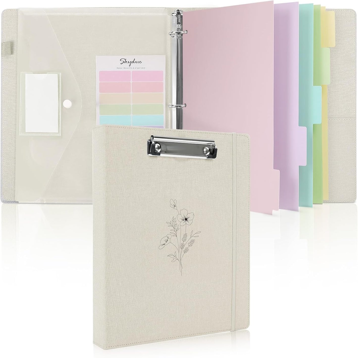 SKYDUE Clipboard Binder - 1 Inch 3 Ring Organizer with Front Clipboard & Dividers | Beige