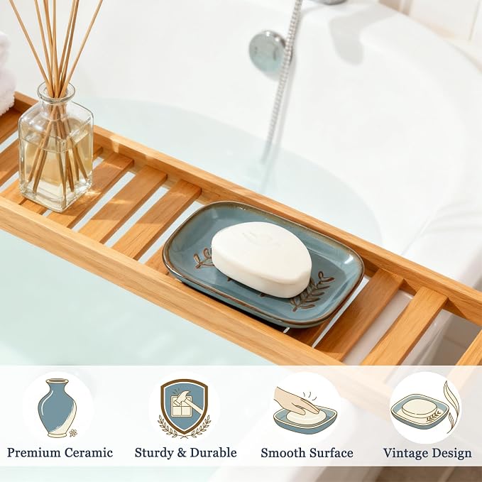 HighHerz Aesthetic Ceramic Soap Dish for Shower, Soap Holder with Raised Relief, Shower Soap Dish for Shampoo Bar Or Sponge, Soap Saver for Bathroom, Kitchen, Sink, Decorative Soap Tray (Blue)