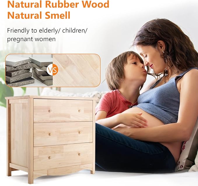 VINGLI Unfinished Solid Wood Dresser Color DIY, 3 Drawer Dresser for Bedroom, Natural Rubber Wood Chest of Drawers, Baby Dressers for Bedroom, Nursery, 17.7" D x 31.5" W x 29.9" H