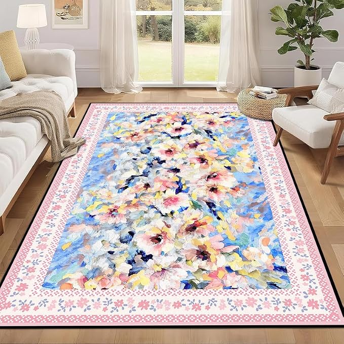 Floral Oil Painting Area Rug Watercolor Flower Print Rugs for Entryway Bedroom Living Room Nursery Kitchen Playroom Home Decor Washable Low Pile Floor Mat Carpet,2'x3'