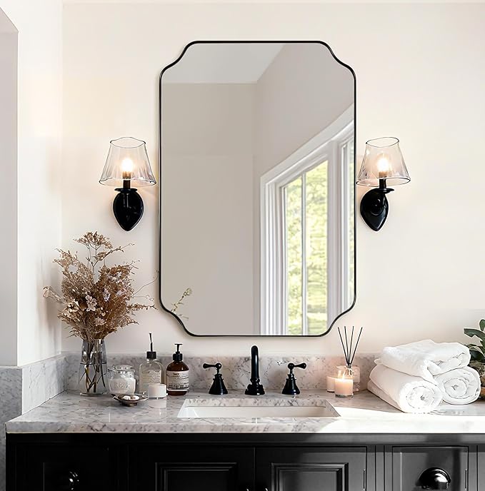 ANDY STAR Matte Black Mirror 26x38 Inch, Scalloped Wall Mirror, Unique Rectangular Bathroom Mirror in Premium Stainless Steel Metal Frame 1’’ Deep, Hangs Vertically/Horizontally