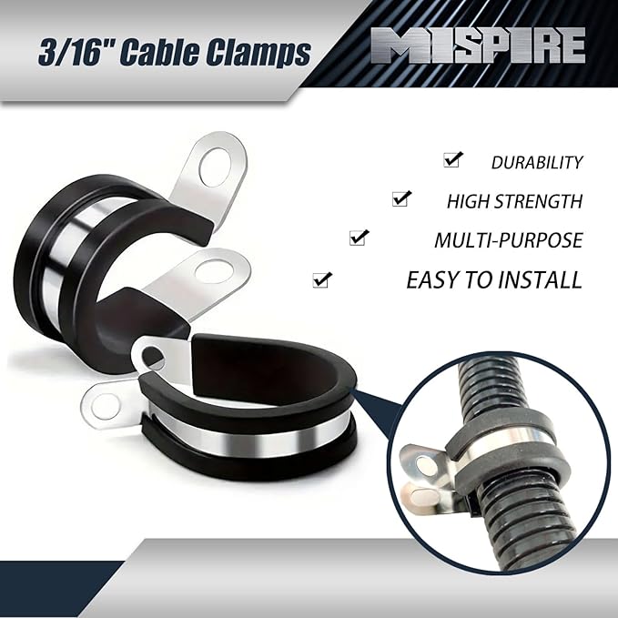 100 Pack 3/16 inch Cable Clamps, MISPIRE Stainless Steel Hose Pipe Clamps, Automotive Wire Rubber Insulated Clamps, Metal Clamps for Tube, Pipe and Wire Cord Installation