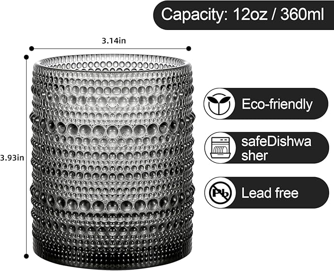 ZMOWIPDL Vintage Glassware Drinking Glasses Set of 6,12 oz Hobnail Glass Cups,Embossed Grey Water Tumbler,for Beer,Cocktail,Whiskey,Juice and Various Mixed Drinks- 1 Cleaning Brush