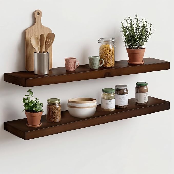 Homeforia 30inch Walnut Floating Shelves for Wall Mounted, High End Solid Real Wood 30 in Floating Shelf, Dark Brown Wooden 30 inch Long Floating Shelves, Heavy Duty Bracket, 30 X 6.5 X 1.75, Set of 4