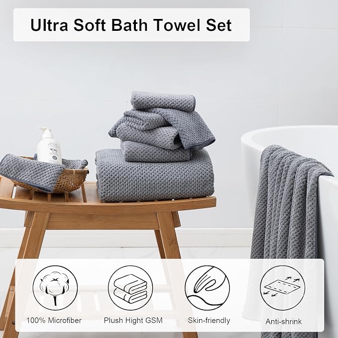 8 Piece Large Gray Family Bath Towel Set-2 Oversized Bath Towel Sheets,2 Hand Towels,4 Washcloths-600GSM Soft Highly Absorbent Quick Dry Beach Chair Towels Woven Towels for Bathroom Hotel and Spa