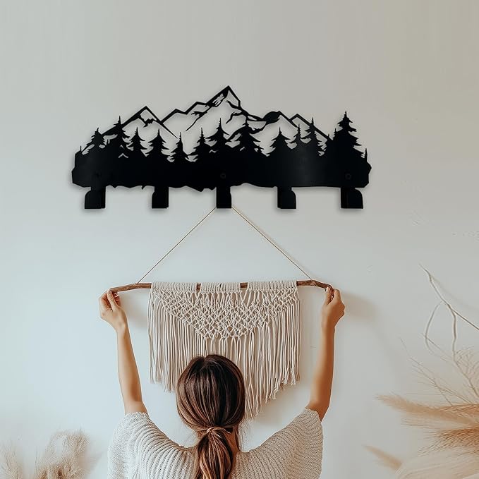 ZORISE Metal Mountain Coat Hooks and Key Holder, Mountain Design Wall Art Decor, Clothes Hat Rack, and Backpack Hanger, Storage Decor for Living Room, Hallway, Office, Kitchen, Entryway, and Bedroom