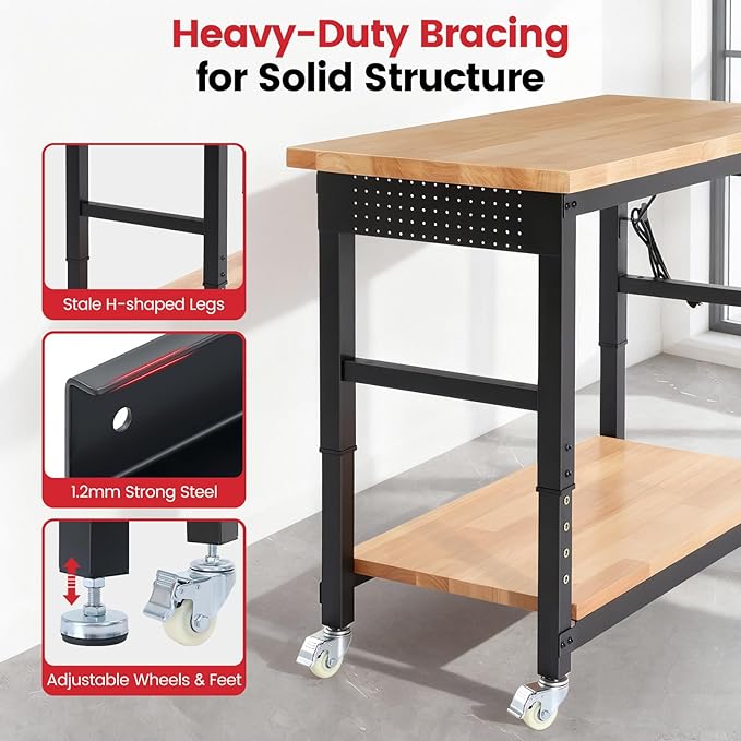 Workbench with Wheels 48 Inch Adjustable Height Work Table with Under Table Shelf, Pegboard, Power Outlets Work Bench for Garage, Home, Office, Workshop