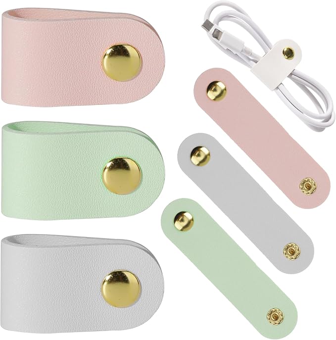 6 Pack PU Leather Cord Organizer, Reusable Cable Straps Clips Phone Cord Ties Charging Cords Power Cords Travel Organizer Earphone USB Holder Snap Closure Multipurpose Cable Management Clips