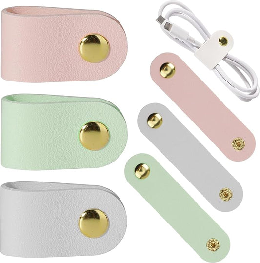 6 Pack PU Leather Cord Organizer, Reusable Cable Straps Clips Phone Cord Ties Charging Cords Power Cords Travel Organizer Earphone USB Holder Snap Closure Multipurpose Cable Management Clips