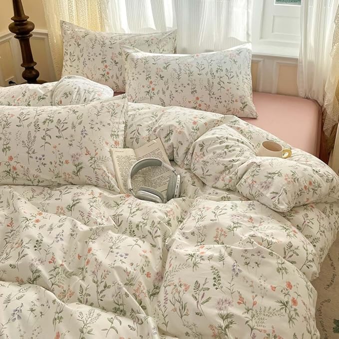 Nayoroom Floral Duvet Cover Twin Size Cottagecore Green Botanical Leaf Flower Spring Duvet Cover 2 Pcs Soft Lightweight Microfiber Pastoral Aesthetic Bedding Set Gift for Women