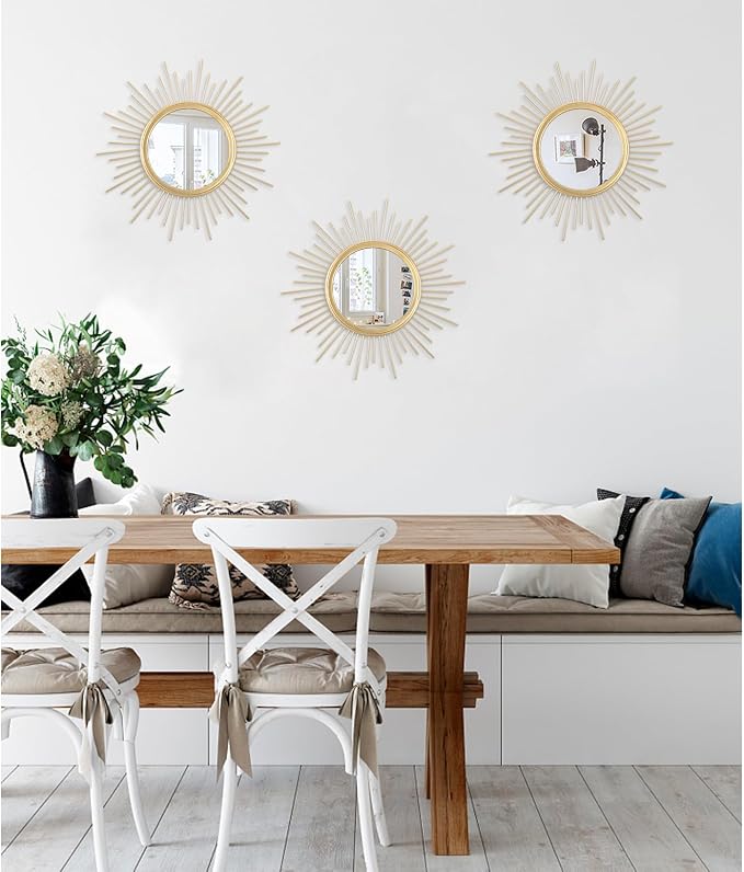 3 Pack Metal Mirrors for Wall Gold Sunburst Wall Mirrors Home Décor Art Decorative Modern Bohemian Hanging Wall Art for Living Room Bedroom Bathroom Entryway Small 12''