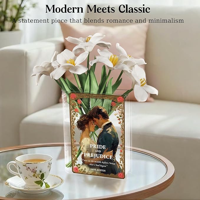 Pride and Prejudice Inspired Book Vase, Flower Vase for Home Decor, Birthday Gifts for Women Mom Book Lovers, Bookish Decor for Bookshelf Desk Coffee Table Office Living Room