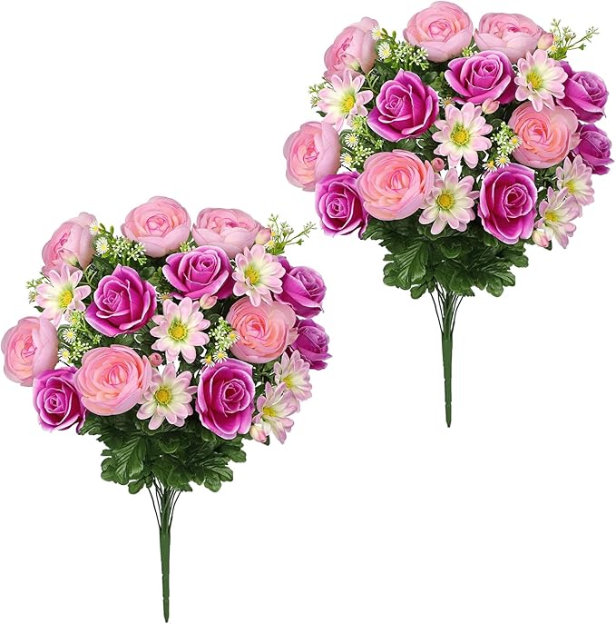 Hollyone Set of 2 Artificial Cemetery Flowers for Grave Memorial Flowers for Cemetery Outdoor Grave Decorations Silk Flower Arrangements Purple Rose Pink Ranunculus Gerbera Floral Flowers Bouquets