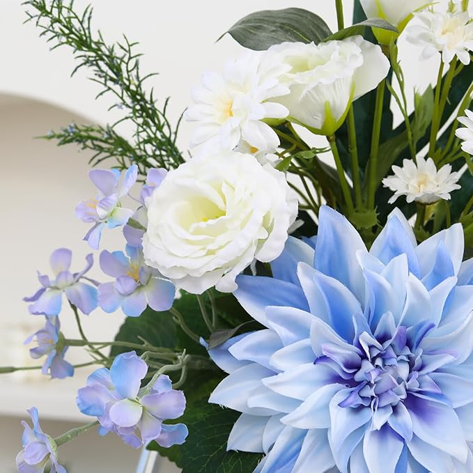 Artificial Flowers – Elegant Flower Bouquet, Faux Silk Dahlia & White Roses Floral Arrangement Fake Plant Decor for Home Indoor, Farmhouse kitchen Dining Decoration Wedding Table Centerpiece