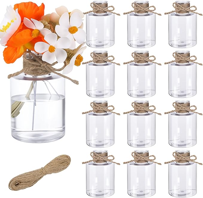 12 Pack Clear Plastic Vases for Centerpiece, Clear Shatterproof Bud Vases Small Floral Containers for Wedding Table Decor, Bulk Hyacinth Bulb Growing Jars (4.7 Inch)